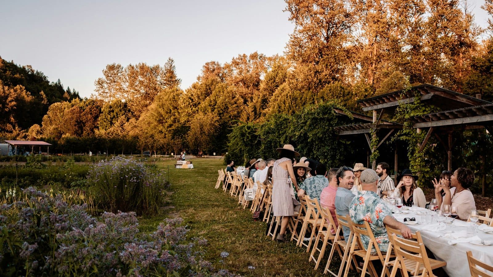 Lange Hochzeitstafel mit Gästen unter Bäumen im Abendlicht